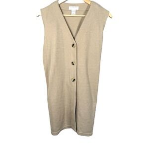 Vtg Express Tricot Knit Sweater Vest Tunic Tan Beige Button Long Sz L Minimalist